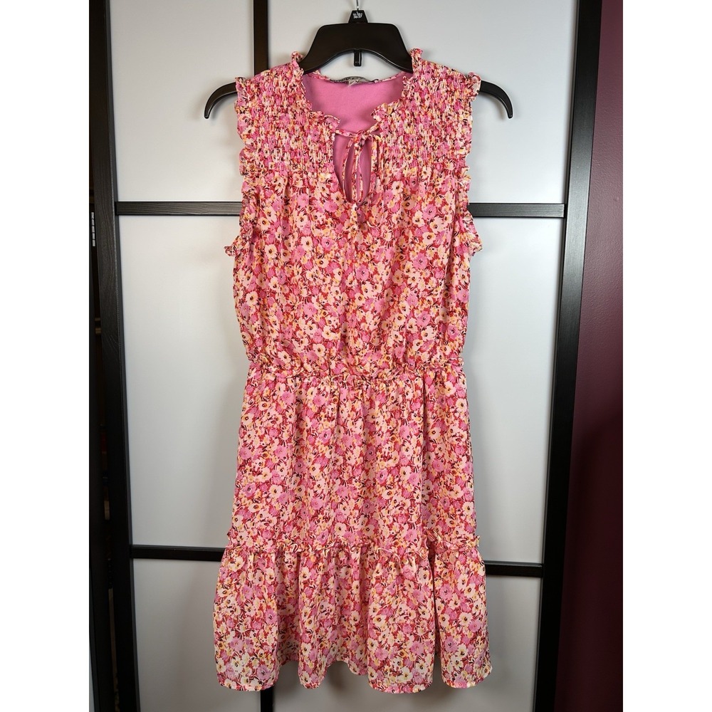 Gypsies & Moondust Pink Floral Smocked Tiered Mini Dress Sleeveless Ruffle M‎